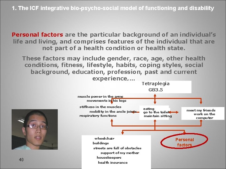 1. The ICF integrative bio-psycho-social model of functioning and disability Personal factors are the