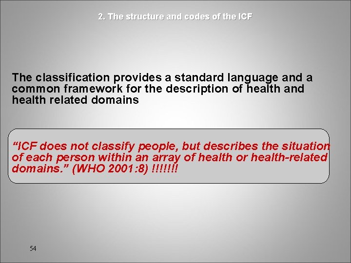 2. The structure and codes of the ICF The classification provides a standard language