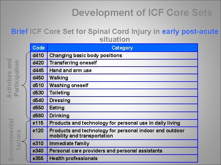 Development of ICF Core Sets Brief ICF Core Set for Spinal Cord Injury in