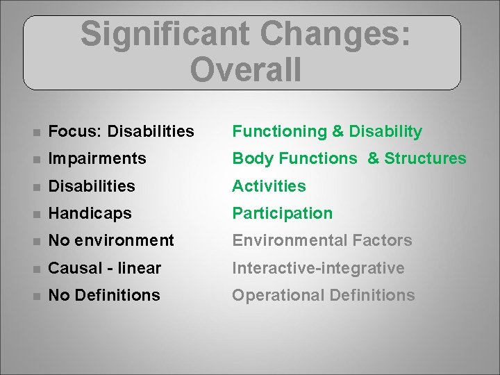 Significant Changes: Overall n Focus: Disabilities Functioning & Disability n Impairments Body Functions &