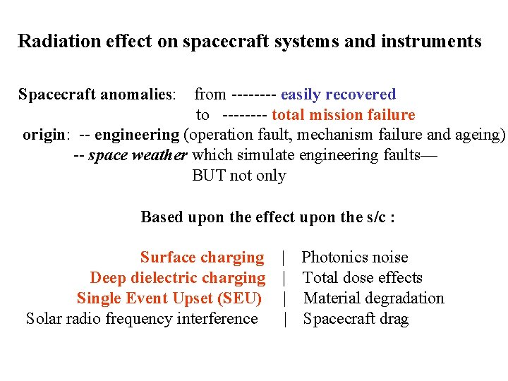 Radiation effect on spacecraft systems and instruments Spacecraft anomalies: from ---- easily recovered to Radiation effect on spacecraft systems and instruments Spacecraft anomalies: from ---- easily recovered to