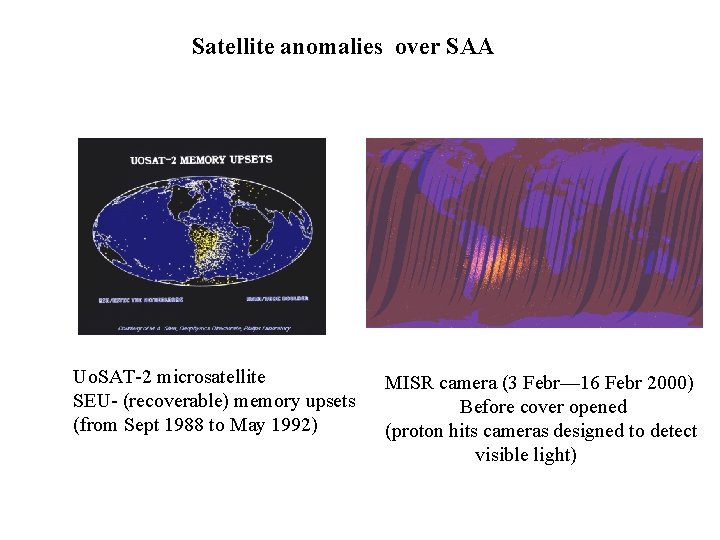 Satellite anomalies over SAA Uo. SAT-2 microsatellite SEU- (recoverable) memory upsets (from Sept 1988 Satellite anomalies over SAA Uo. SAT-2 microsatellite SEU- (recoverable) memory upsets (from Sept 1988
