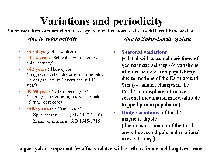 Variations and periodicity Solar radiation as main element of space weather, varies at very Variations and periodicity Solar radiation as main element of space weather, varies at very