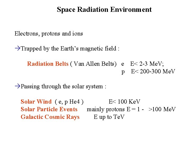 Space Radiation Environment Electrons, protons and ions Trapped by the Earth’s magnetic field : Space Radiation Environment Electrons, protons and ions Trapped by the Earth’s magnetic field :