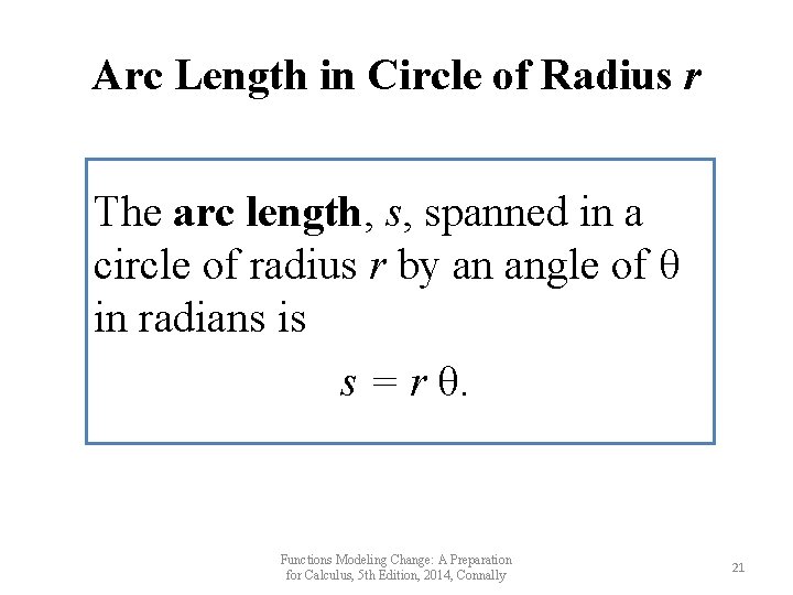 Arc Length in Circle of Radius r The arc length, s, spanned in a