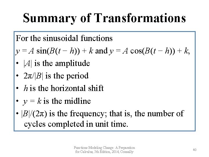 Summary of Transformations For the sinusoidal functions y = A sin(B(t − h)) +