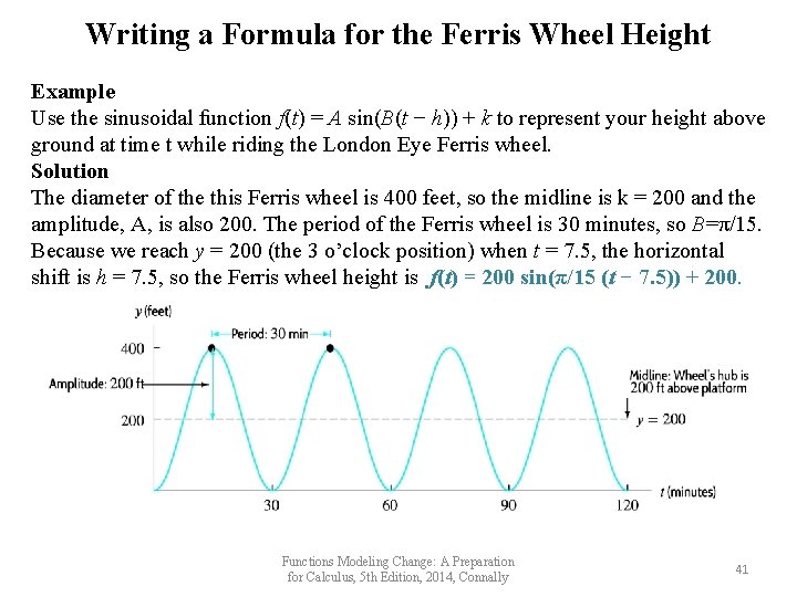 Writing a Formula for the Ferris Wheel Height Example Use the sinusoidal function f(t)