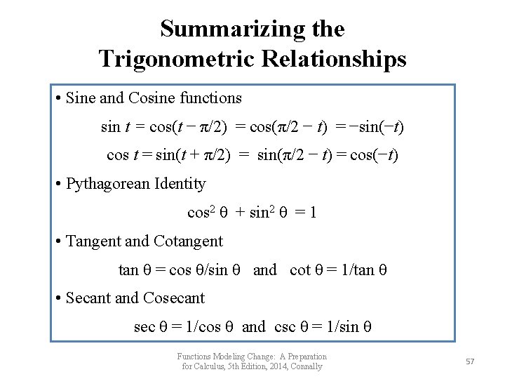 Summarizing the Trigonometric Relationships • Sine and Cosine functions sin t = cos(t −