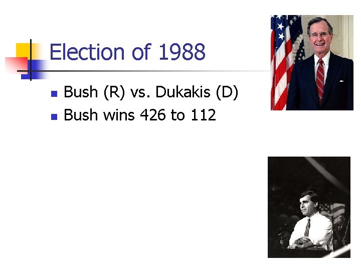 Election of 1988 n n Bush (R) vs. Dukakis (D) Bush wins 426 to Election of 1988 n n Bush (R) vs. Dukakis (D) Bush wins 426 to