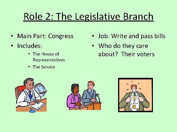 Role 2: The Legislative Branch • Main Part: Congress • Includes: • The House