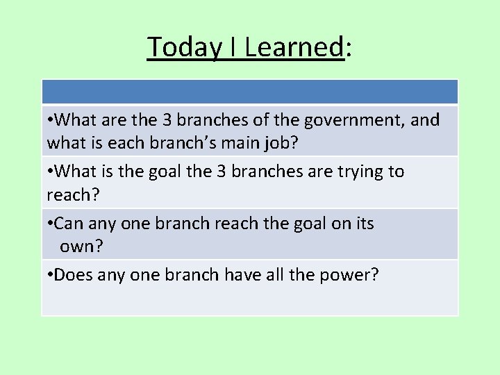 Today I Learned: • What are the 3 branches of the government, and what