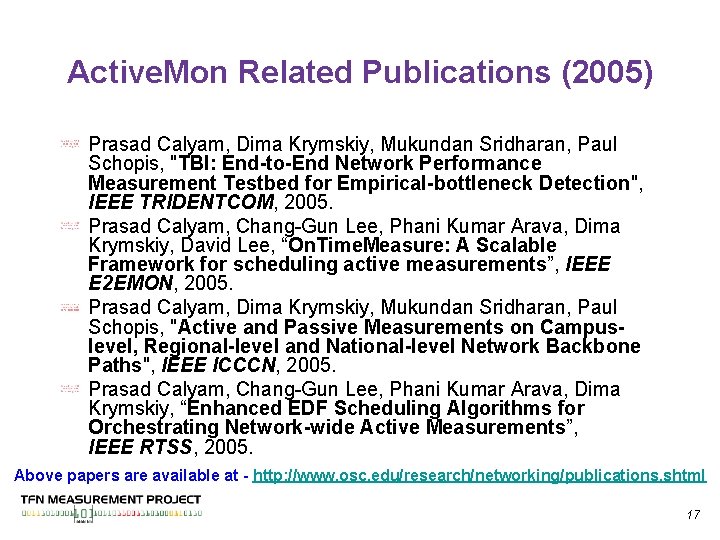 Active. Mon Related Publications (2005) Prasad Calyam, Dima Krymskiy, Mukundan Sridharan, Paul Schopis, "TBI: