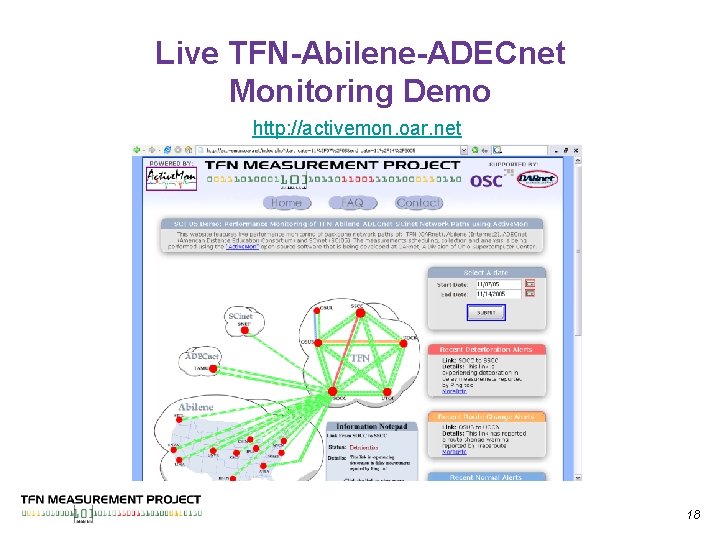 Live TFN-Abilene-ADECnet Monitoring Demo http: //activemon. oar. net 18 