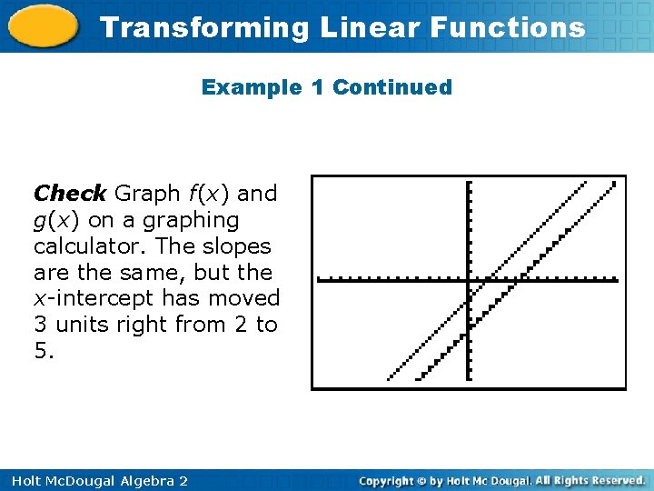 Transforming Linear Functions Example 1 Continued Check Graph f(x) and g(x) on a graphing