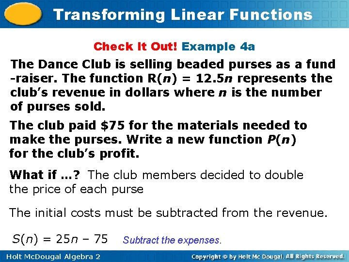 Transforming Linear Functions Check It Out! Example 4 a The Dance Club is selling