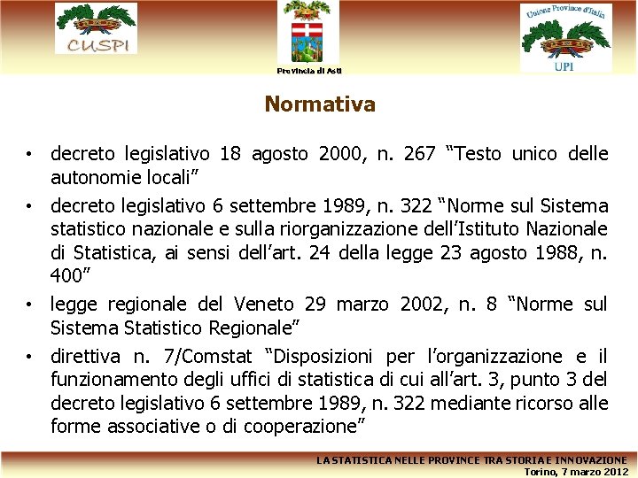 Provincia di Asti Normativa • decreto legislativo 18 agosto 2000, n. 267 “Testo unico