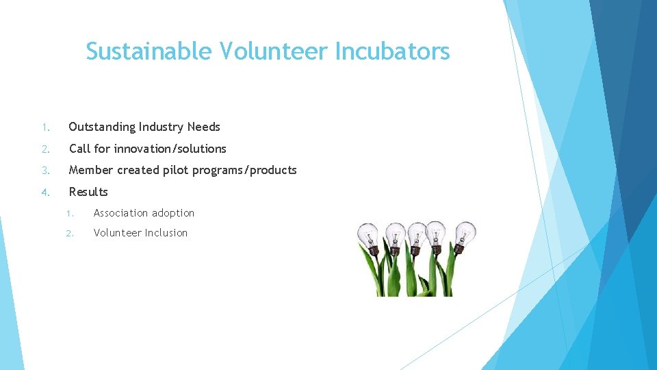 Sustainable Volunteer Incubators 1. Outstanding Industry Needs 2. Call for innovation/solutions 3. Member created