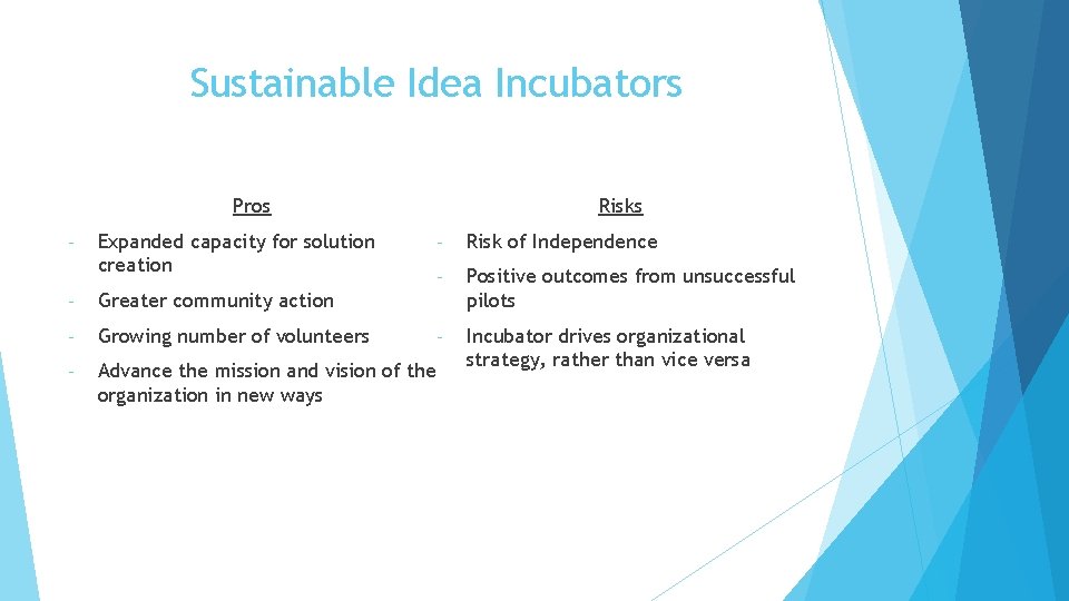 Sustainable Idea Incubators Risks Pros - Expanded capacity for solution creation - Greater community