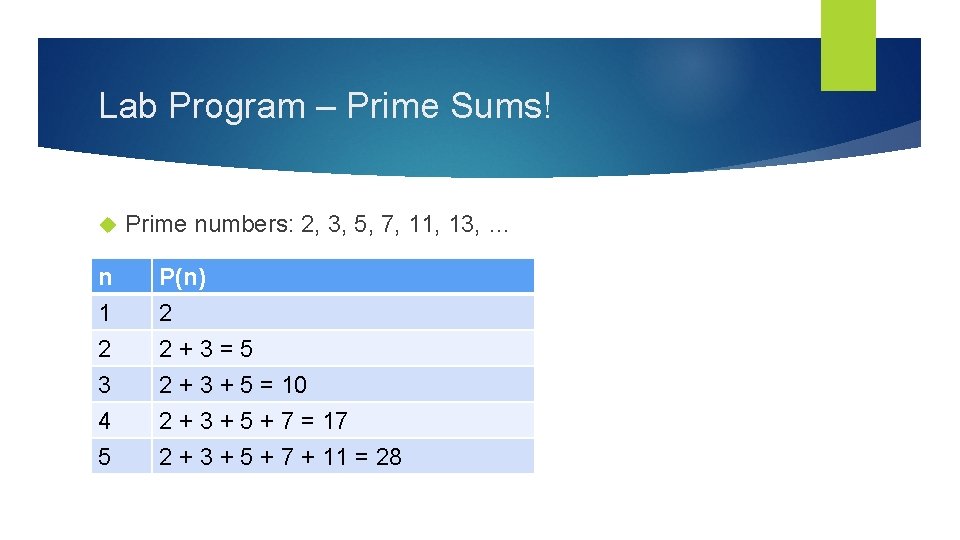 Lab Program – Prime Sums! Prime numbers: 2, 3, 5, 7, 11, 13, …