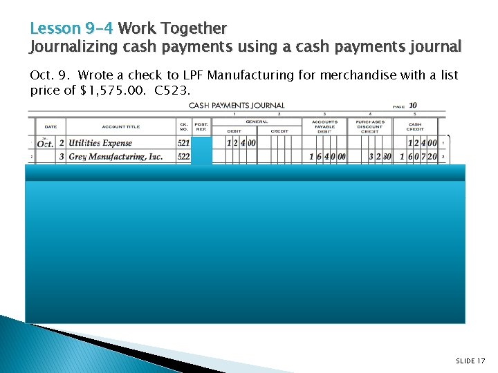 Lesson 9 -4 Work Together Journalizing cash payments using a cash payments journal Oct.