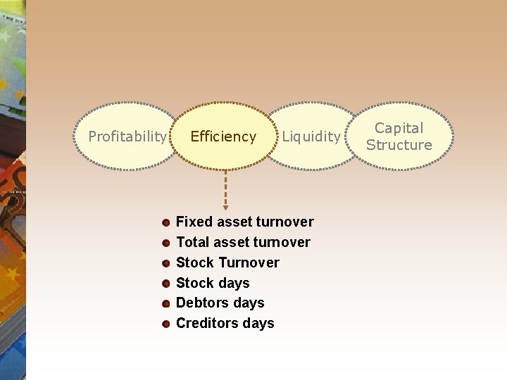 Profitability Efficiency Liquidity Fixed asset turnover Total asset turnover Stock Turnover Stock days Debtors