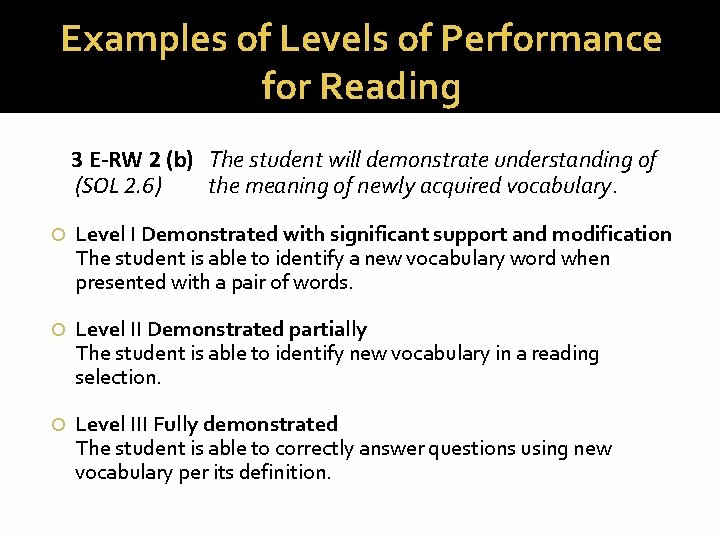 Examples of Levels of Performance for Reading 3 E-RW 2 (b) The student will