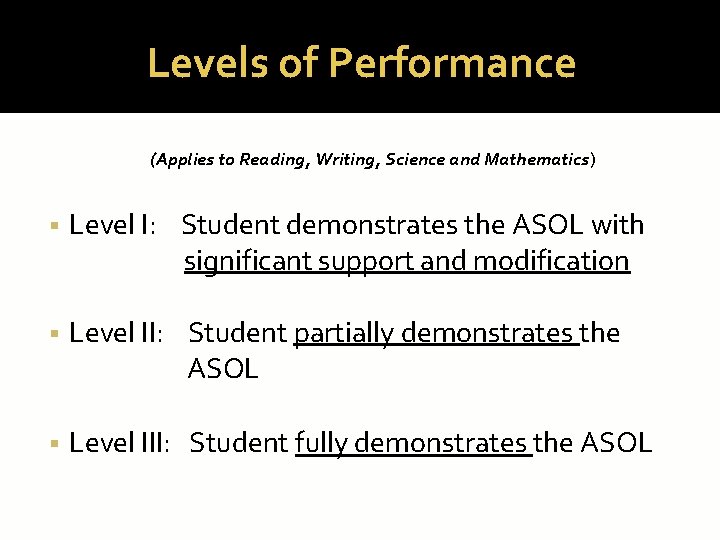 Levels of Performance (Applies to Reading, Writing, Science and Mathematics) Level I: Student demonstrates