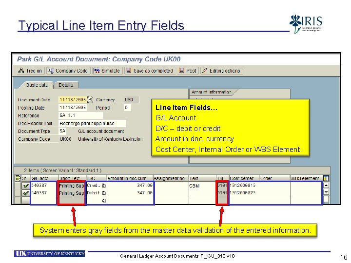 Typical Line Item Entry Fields Line Item Fields… G/L Account D/C – debit or