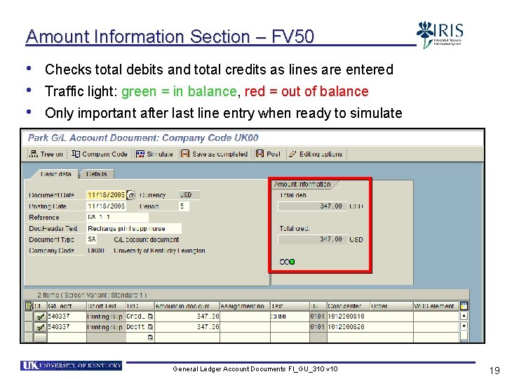 Amount Information Section – FV 50 • • • Checks total debits and total