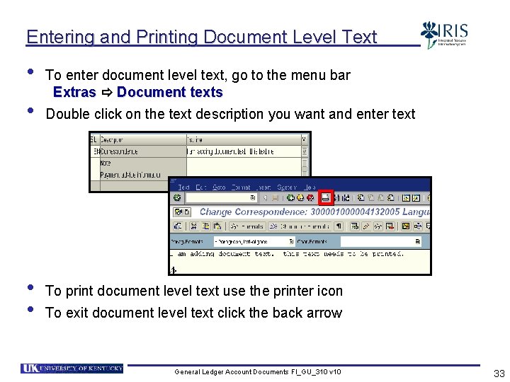 Entering and Printing Document Level Text • • To enter document level text, go