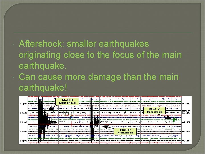  Aftershock: smaller earthquakes originating close to the focus of the main earthquake. Can