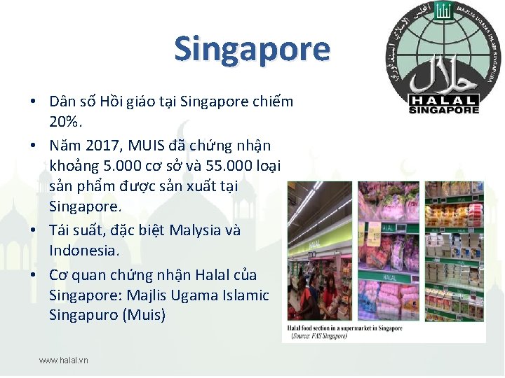 Singapore • Dân số Hồi giáo tại Singapore chiếm 20%. • Năm 2017, MUIS