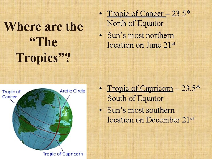 Where are the “The Tropics”? • Tropic of Cancer – 23. 5* North of