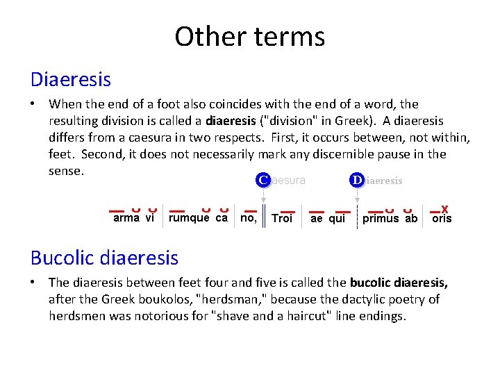 Other terms Diaeresis • When the end of a foot also coincides with the