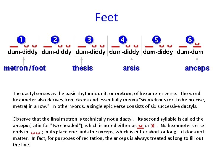 Feet The dactyl serves as the basic rhythmic unit, or metron, of hexameter verse.