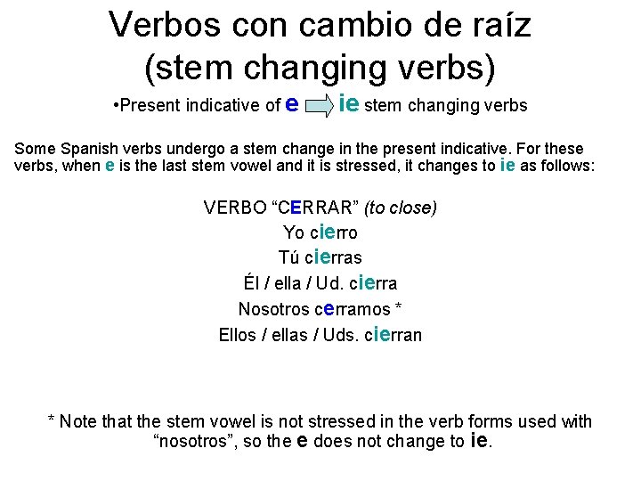 Verbos con cambio de raíz (stem changing verbs) • Present indicative of e ie