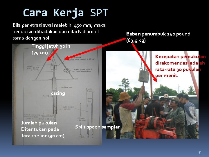 Cara Kerja SPT Bila penetrasi awal melebihi 450 mm, maka pengujian ditiadakan dan nilai