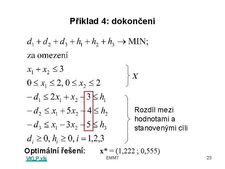 Příklad 4: dokončení X Rozdíl mezi hodnotami a stanovenými cíli Optimální řešení: VKLP. xls