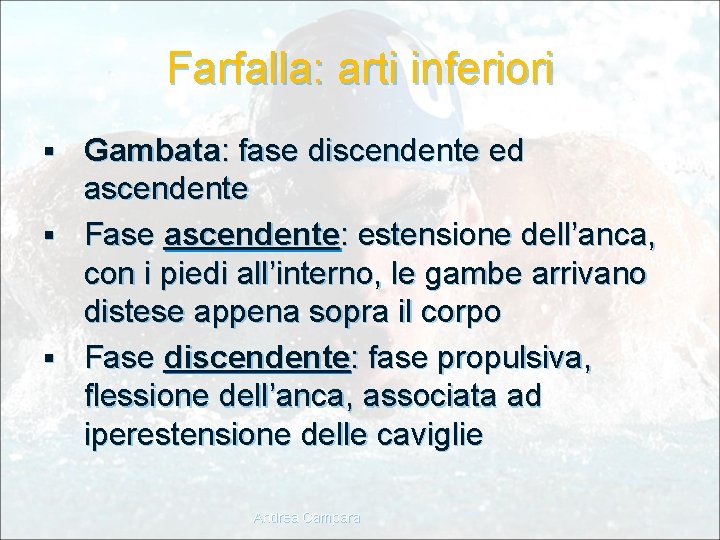 Farfalla: arti inferiori Gambata: fase discendente ed ascendente § Fase ascendente: estensione dell’anca, con