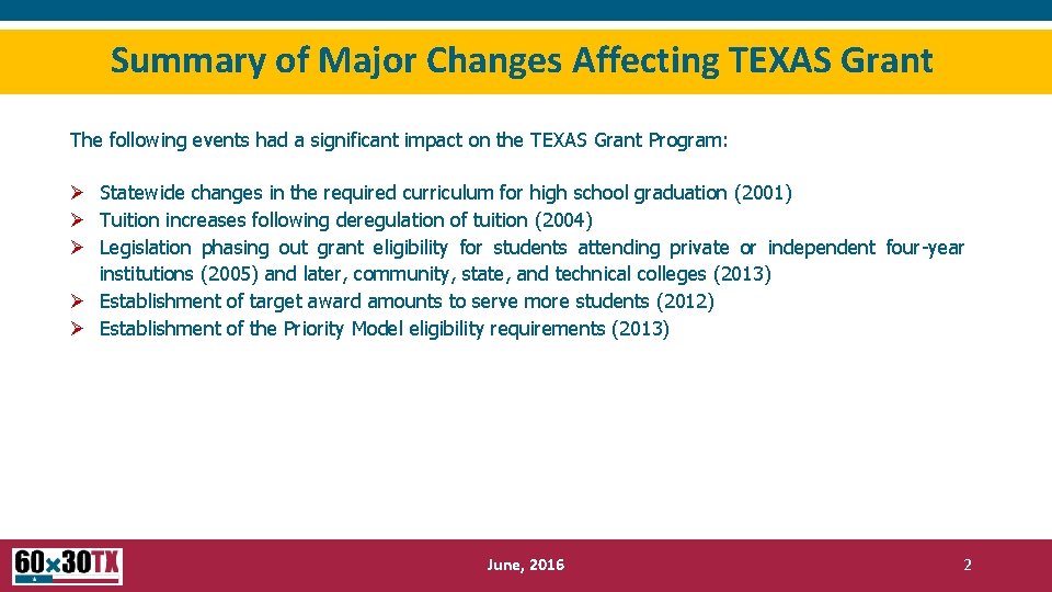 Summary of Major Changes Affecting TEXAS Grant The following events had a significant impact