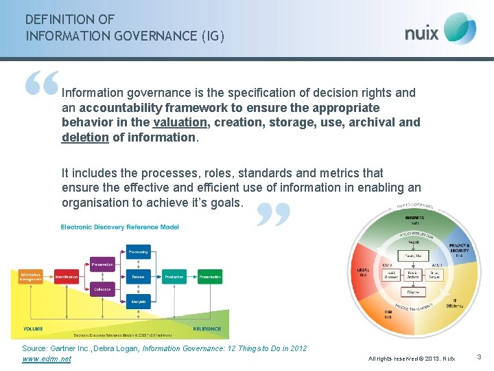 DEFINITION OF INFORMATION GOVERNANCE (IG) Information governance is the specification of decision rights and