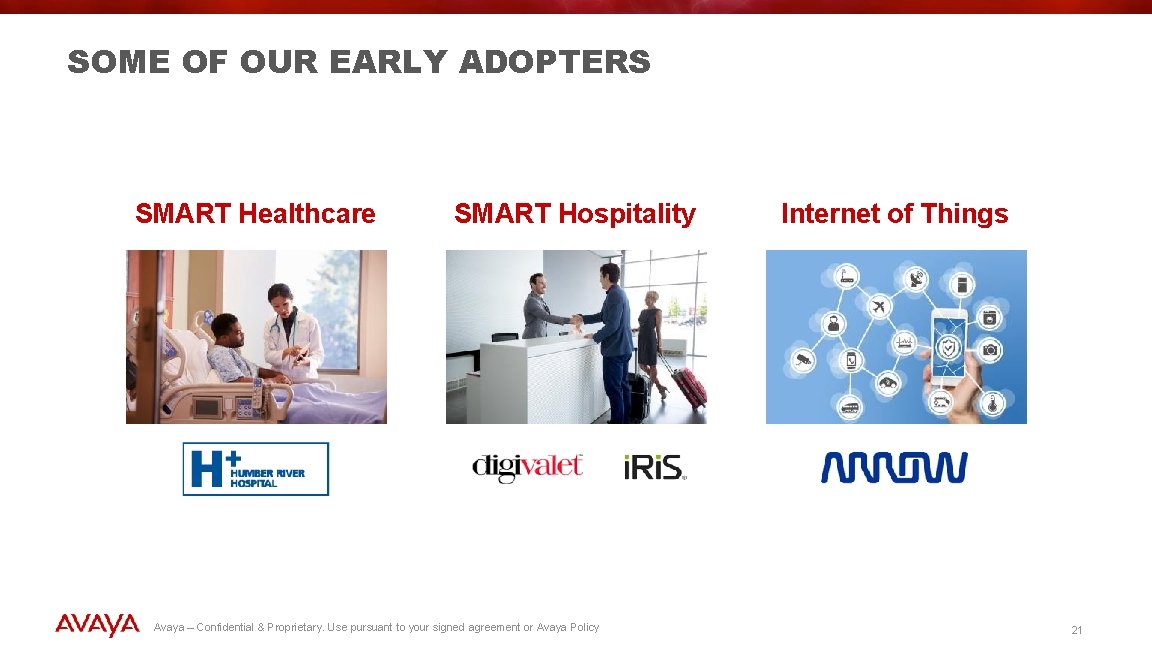 SOME OF OUR EARLY ADOPTERS SMART Healthcare SMART Hospitality Avaya – Confidential & Proprietary.