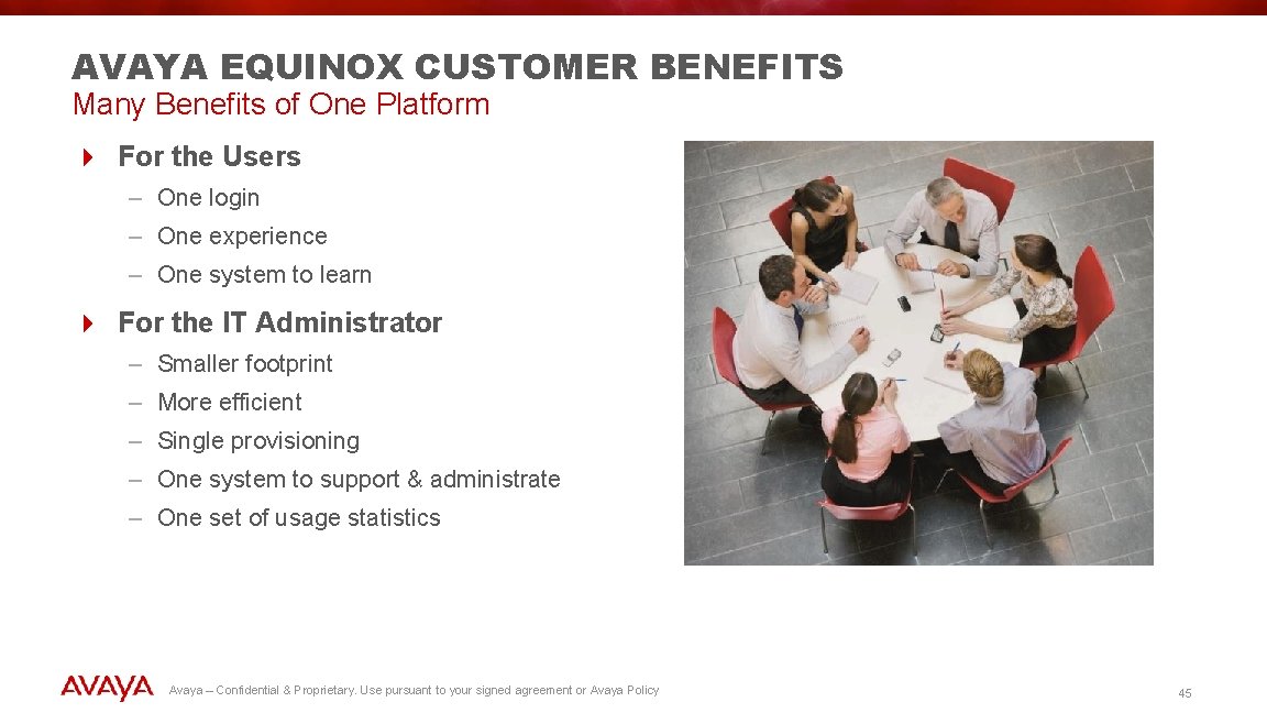 AVAYA EQUINOX CUSTOMER BENEFITS Many Benefits of One Platform 4 For the Users –