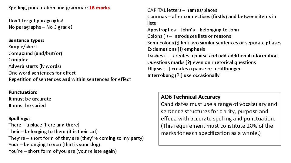 Spelling, punctuation and grammar: 16 marks Don’t forget paragraphs! No paragraphs – No C