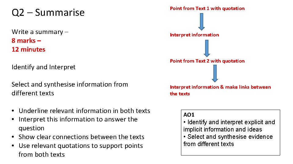 Q 2 – Summarise Write a summary – 8 marks – 12 minutes Identify