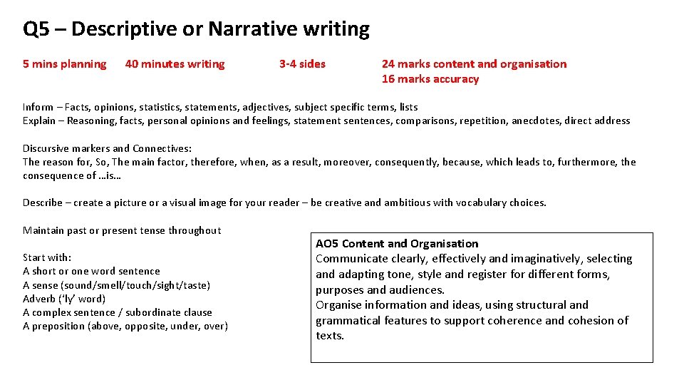 Q 5 – Descriptive or Narrative writing 5 mins planning 40 minutes writing 3