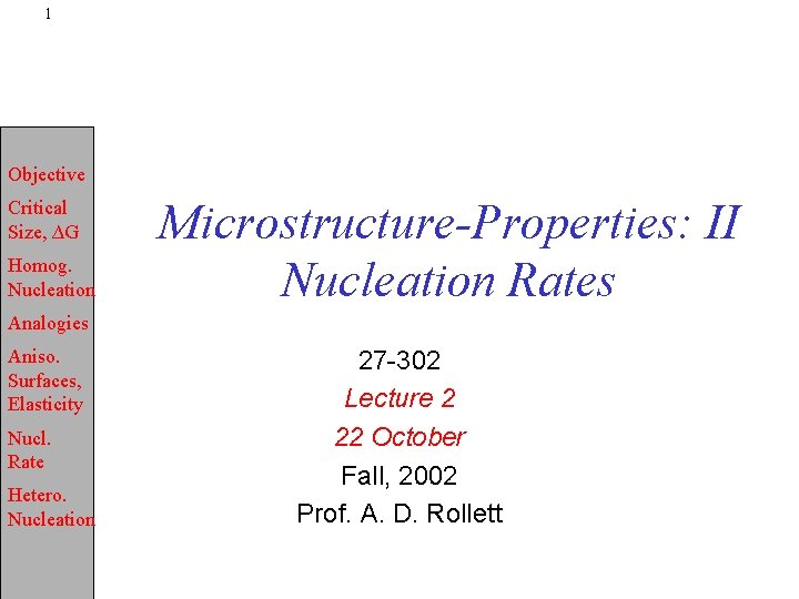 1 Objective Critical Size, ∆G Homog. Nucleation Microstructure-Properties: II Nucleation Rates Analogies Aniso. Surfaces,