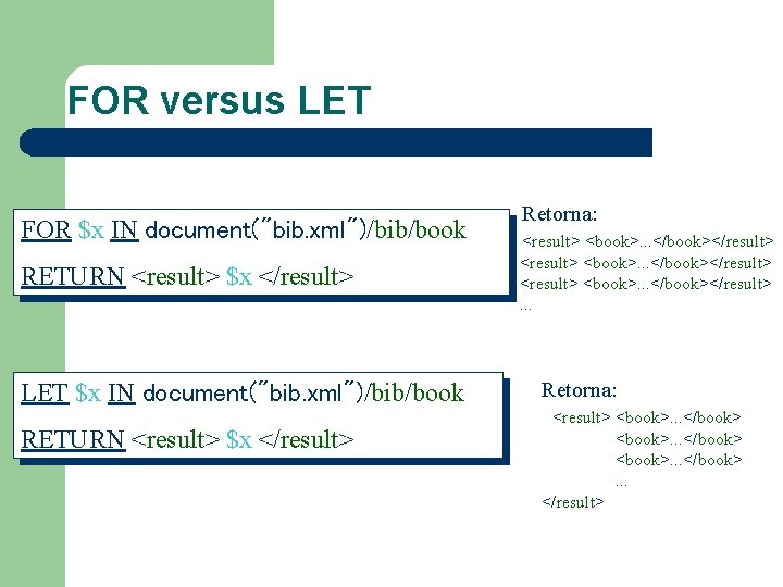 FOR versus LET FOR $x IN document("bib. xml")/bib/book RETURN <result> $x </result> LET $x