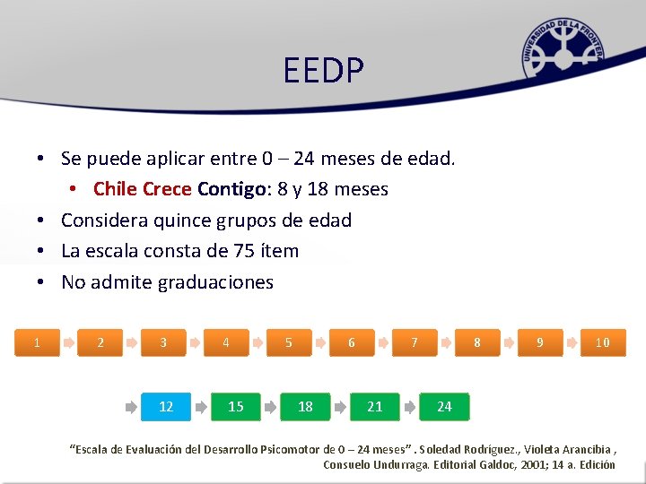 EEDP • Se puede aplicar entre 0 – 24 meses de edad. • Chile