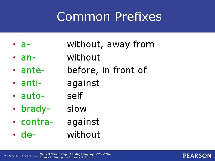 Common Prefixes • • aananteantiautobradycontrade- without, away from without before, in front of against